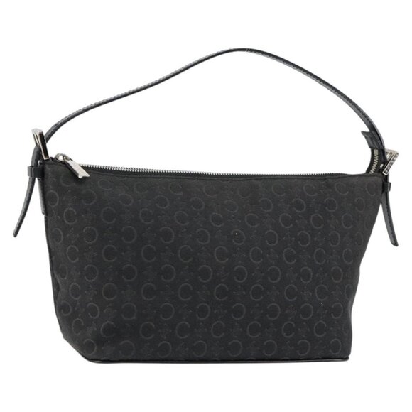 Authentic CELINE C Macadam Canvas Shoulder Bag Black Silver